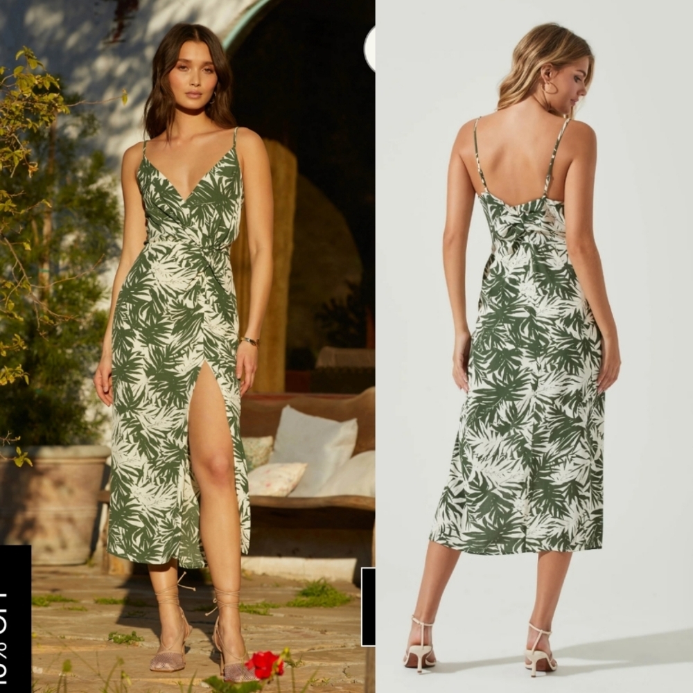 Astr Green and White Leaf Print Midi Dress